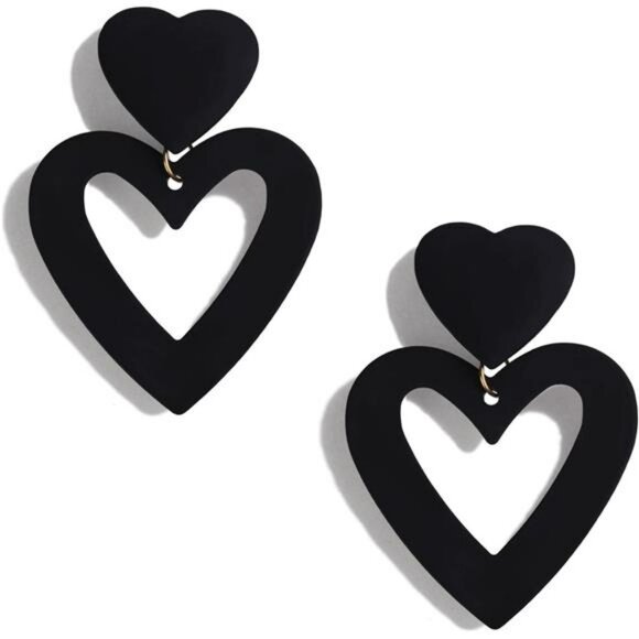 Black Double Heart Dangle Earrings Love Drop Earrings for Women Valentines Gift - Picture 1 of 7